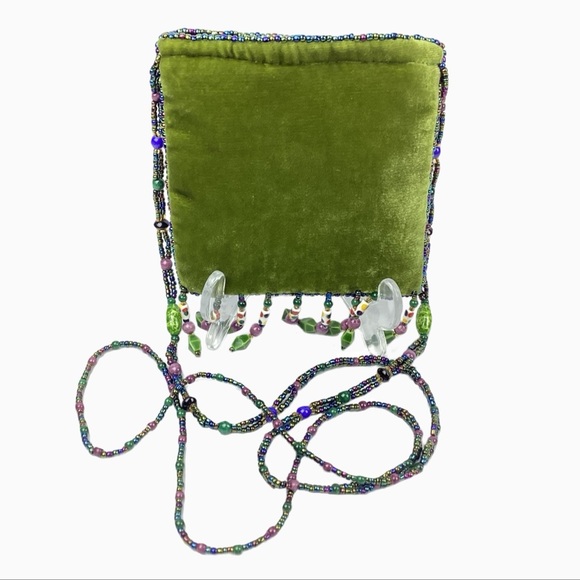 Velveteen Boho Mini Purse in Green has Feathers, Beaded Fringe and Strap. - Picture 2 of 7